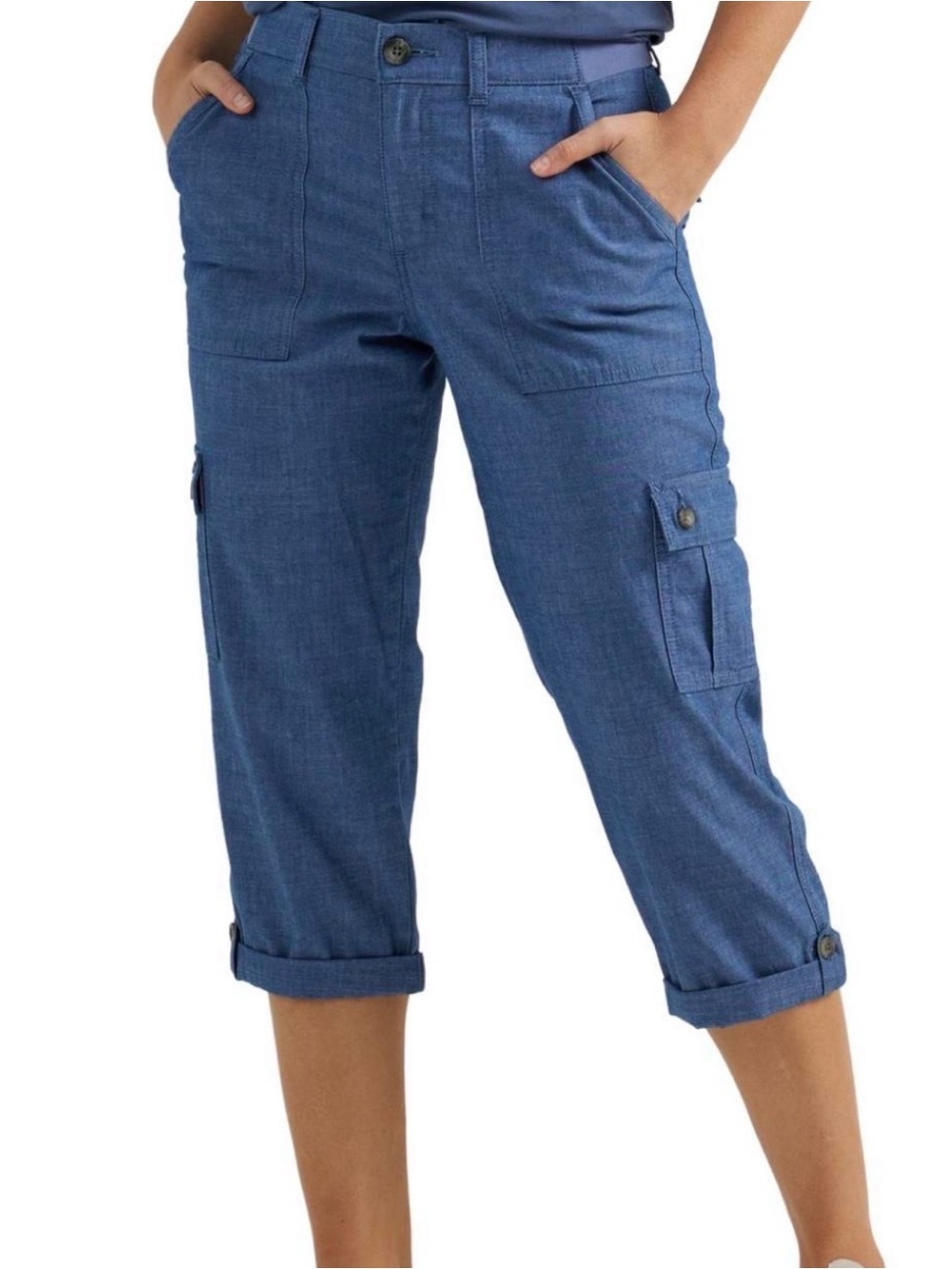 Lee Women's Denim-Style Cargo Capri Pants in Medium Blue